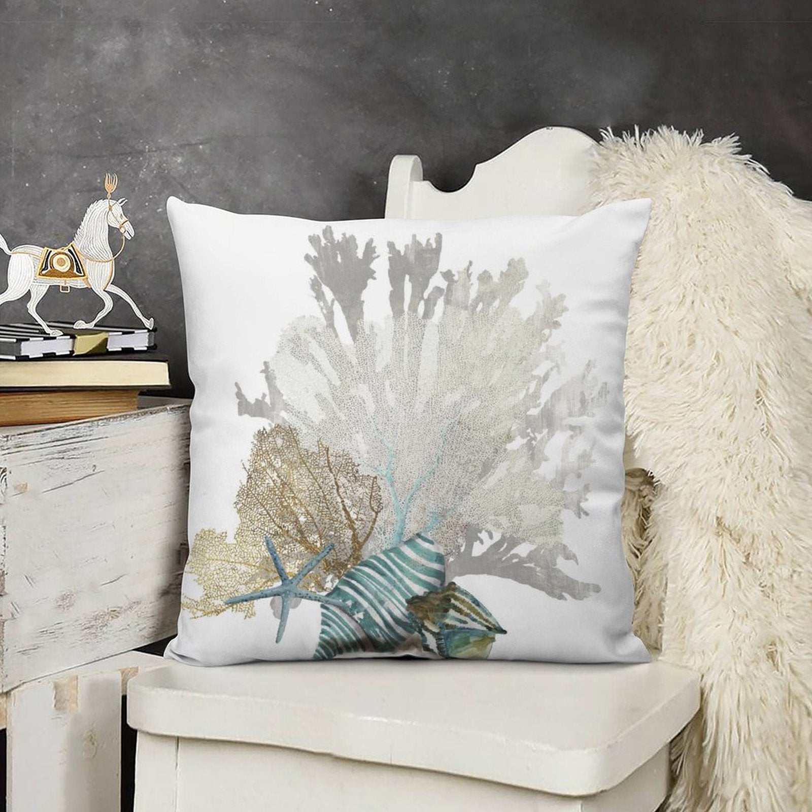 White short plush pillow cover with coral and seashell design for sofa or living room. Decorative, soft.