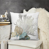 White plush throw pillow cover with coral reef design, soft and fluffy decorative pillow for sofa, couch, living room