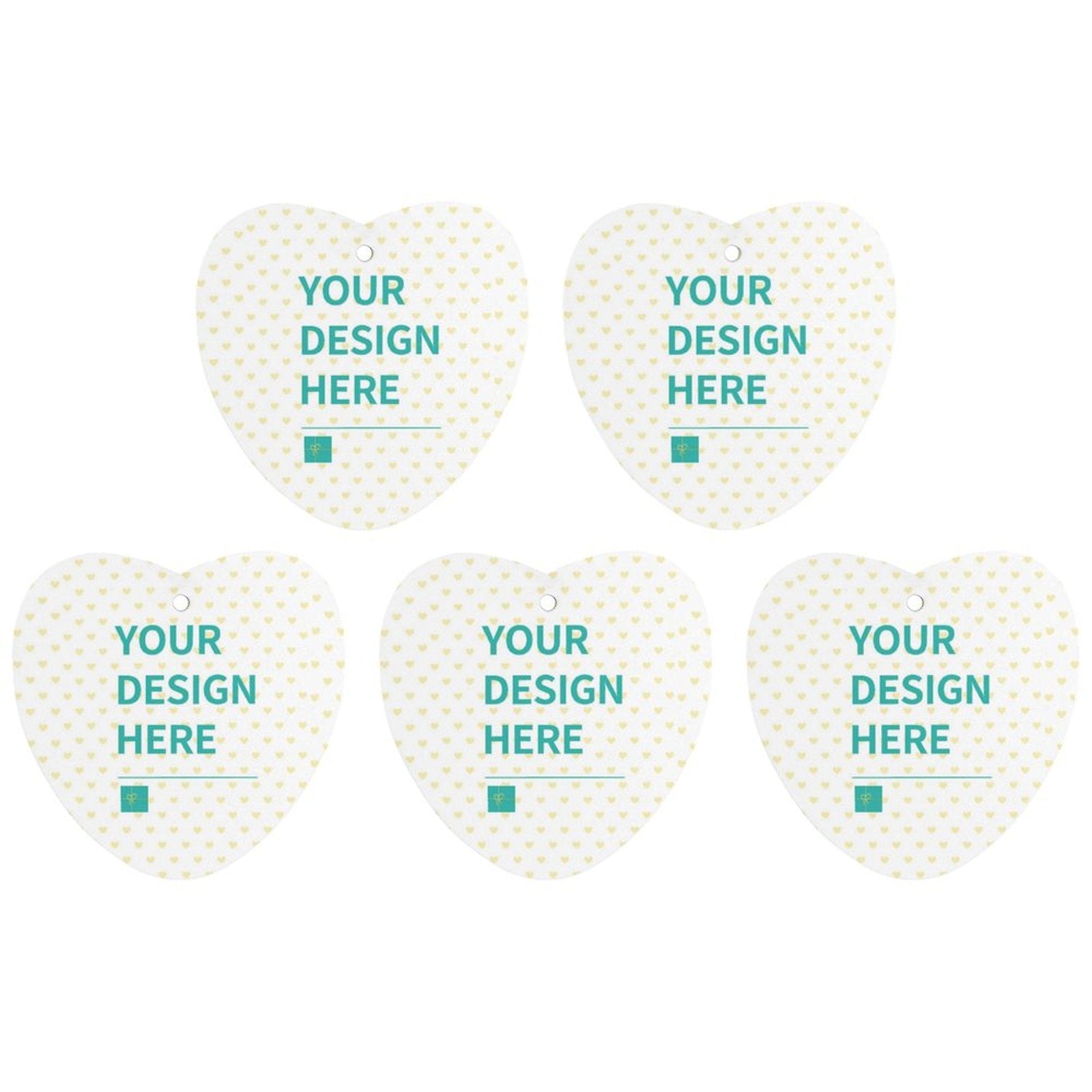 Personalized heart-shaped air fresheners with 'YOUR DESIGN HERE' design for car or bathroom.