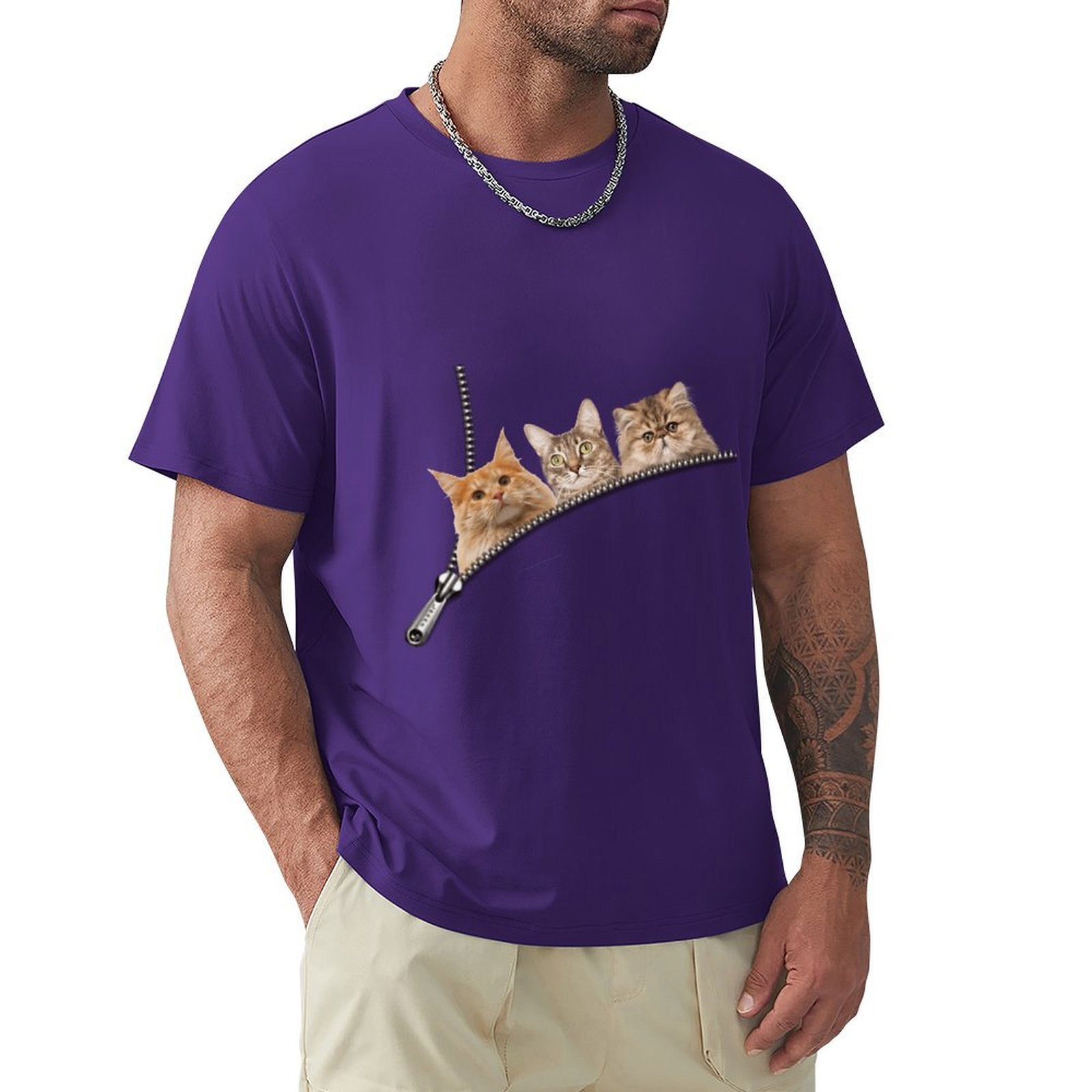 Men's purple t-shirt with a cat zipper pocket design. Perfect for cat lovers, cotton tee