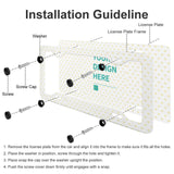 License plate frame installation guide, featuring 'YOUR DESIGN HERE' and installation steps.