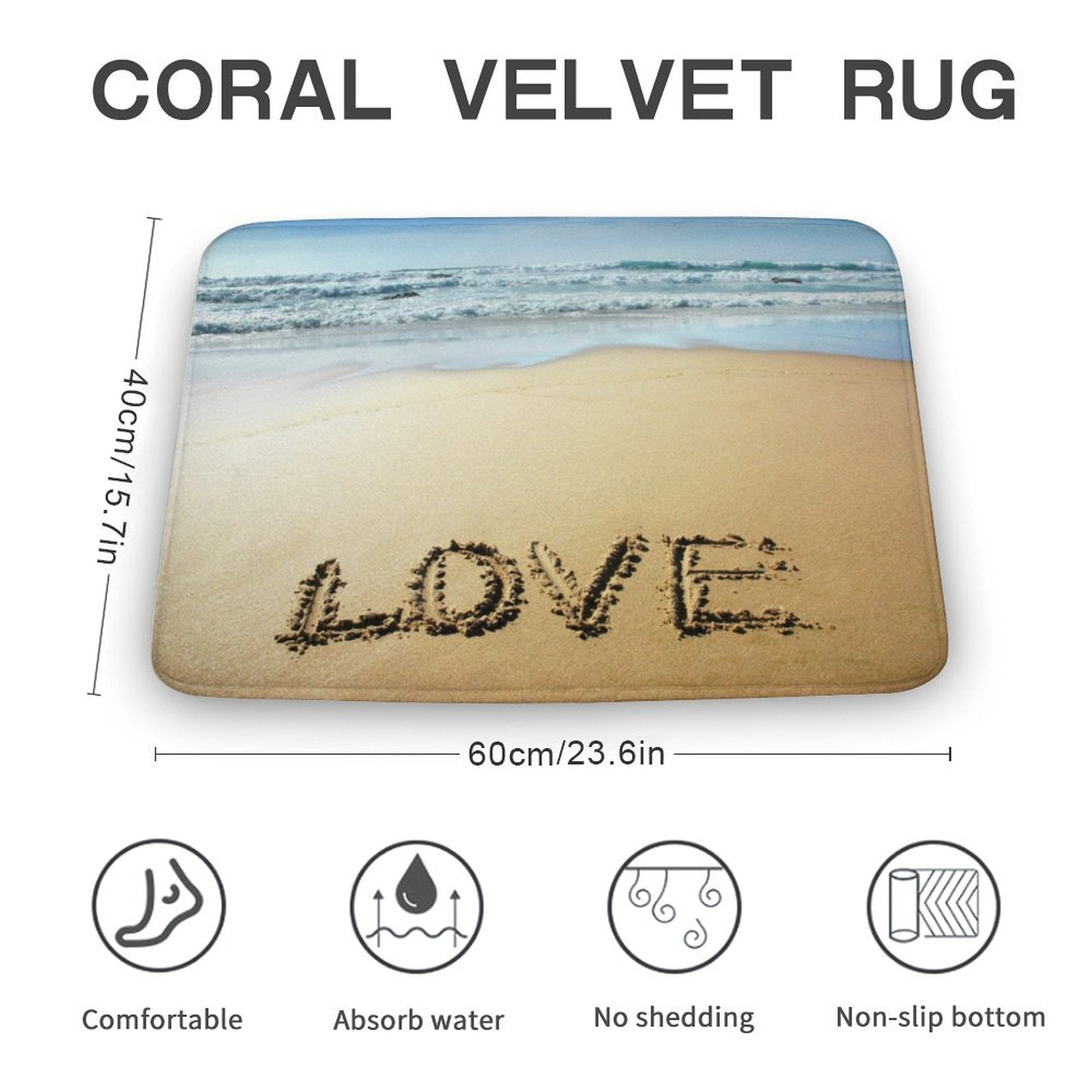 Coral velvet bath rug with beach 'LOVE' scene, non-slip and absorbent, 60x40cm. Perfect for bathroom or kitchen.