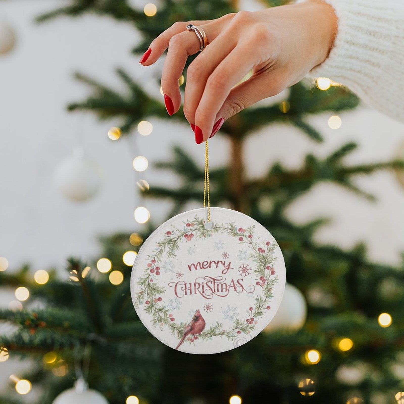 Ceramic Merry Christmas ornament, festive design, perfect for holiday decor from MyArtsyGift