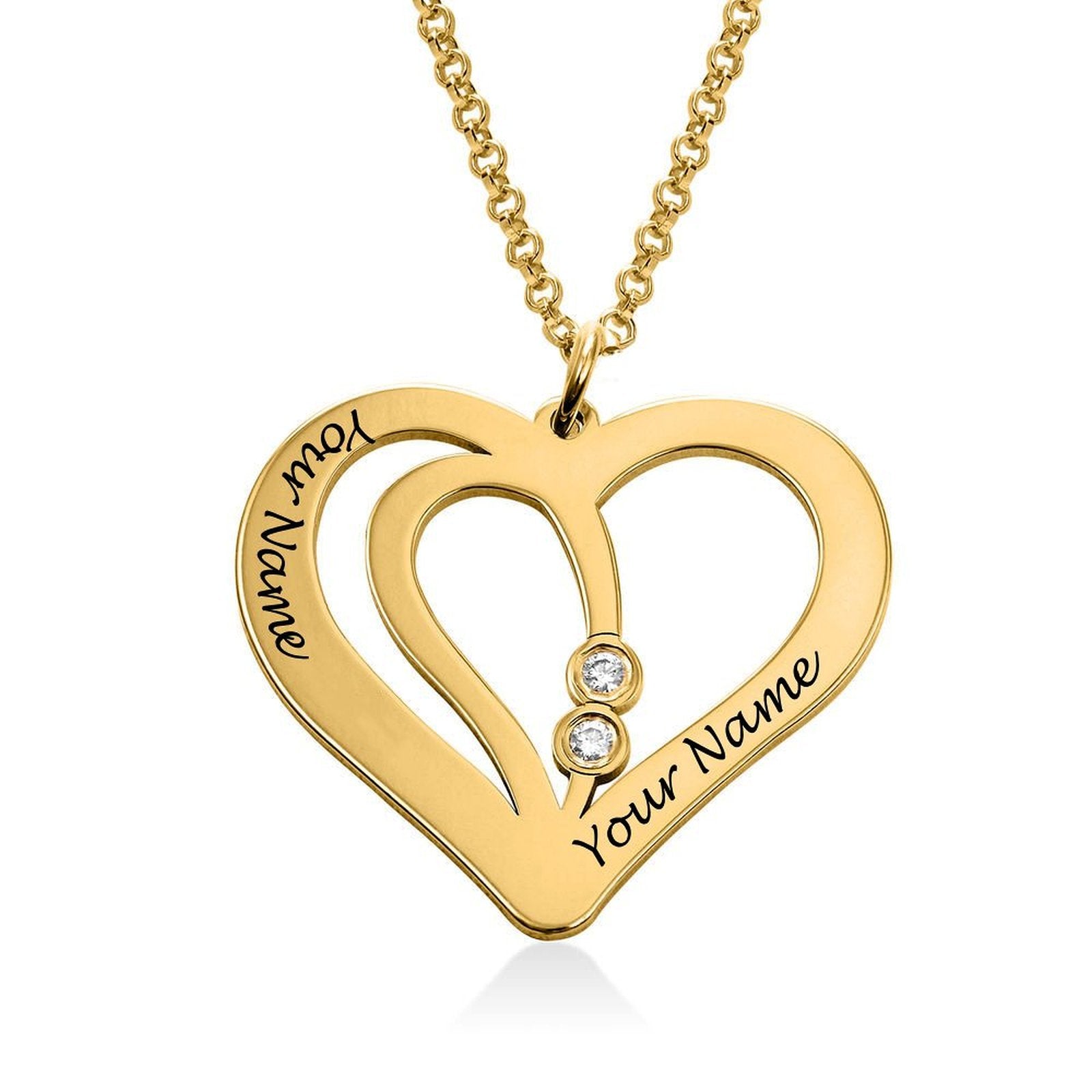Personalized gold heart pendant necklace with custom engraving. Features two sparkling crystals. Custom Jewelry gift.