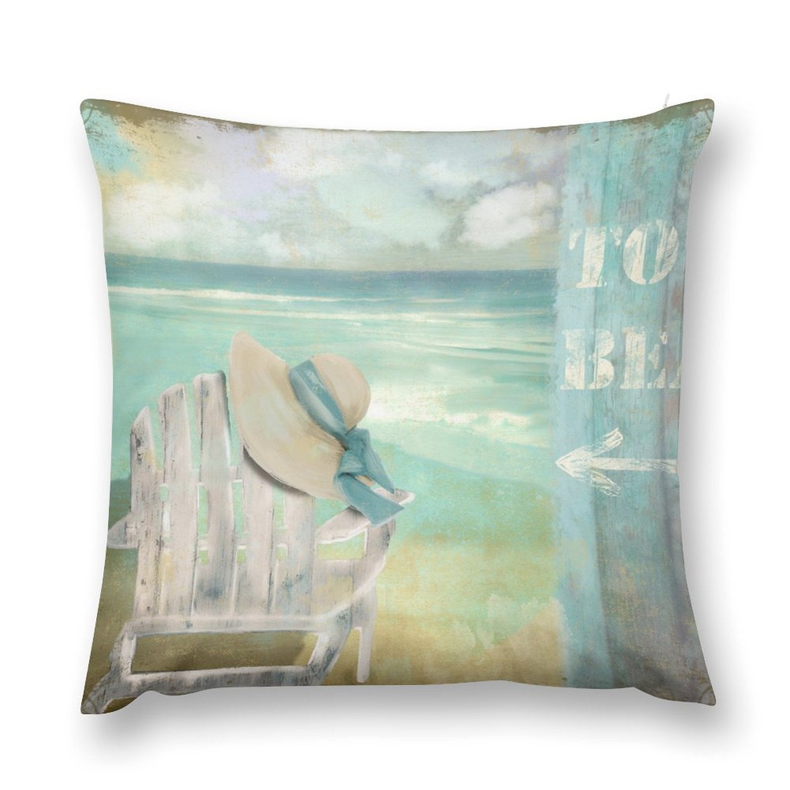Beach themed plush pillow cover with chair, hat, and ocean view; text TO BE with arrow pointing right.