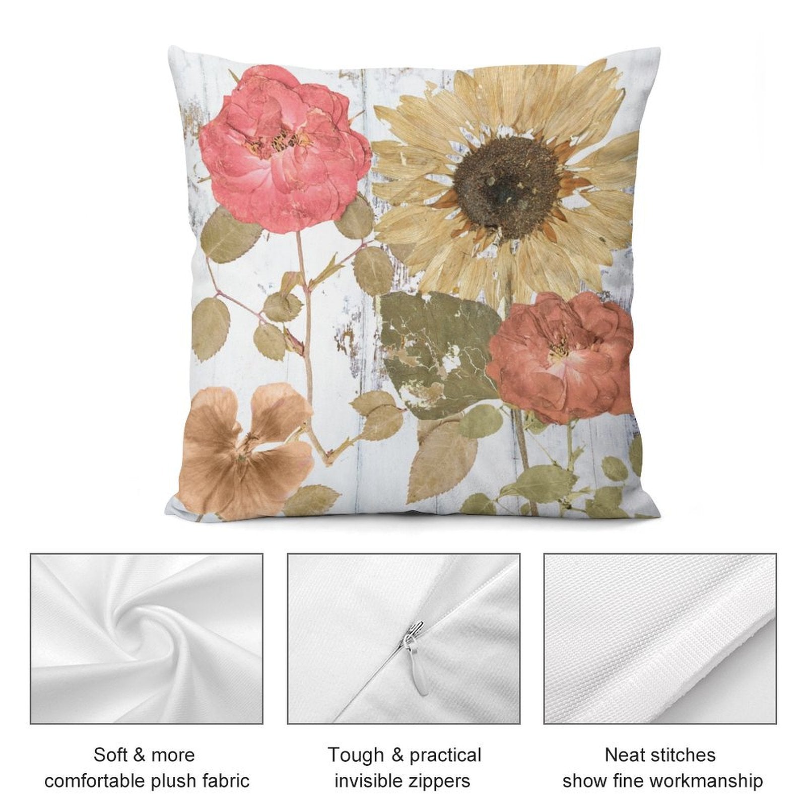 Plush throw pillow cover with rose and sunflower print, soft fabric and invisible zipper, home decor