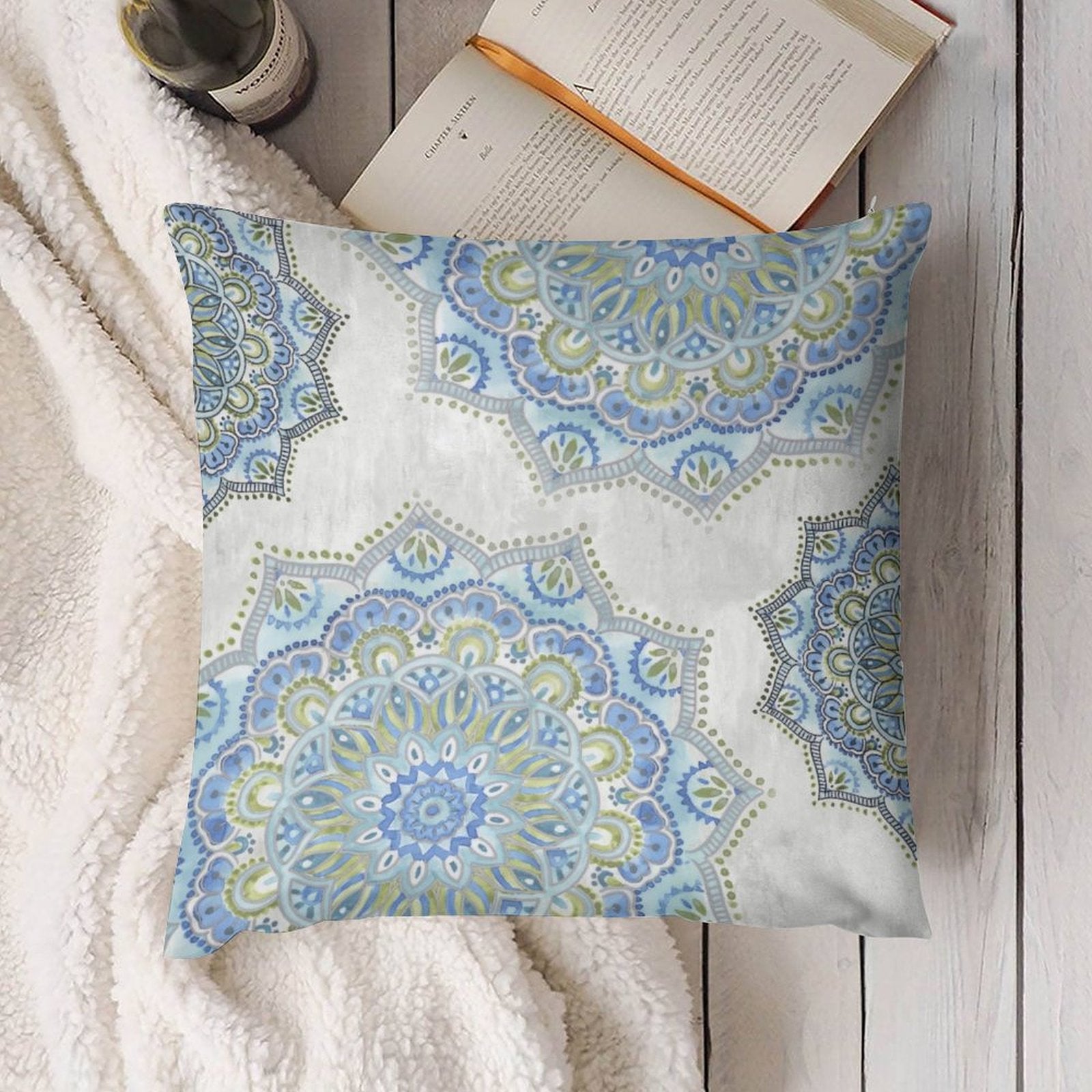 MyArtsyGift blue mandala throw pillow cover, soft plush material for living room decor.