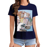 Women's navy graphic tee featuring coastal town print, MyArtsyGift casual wear.