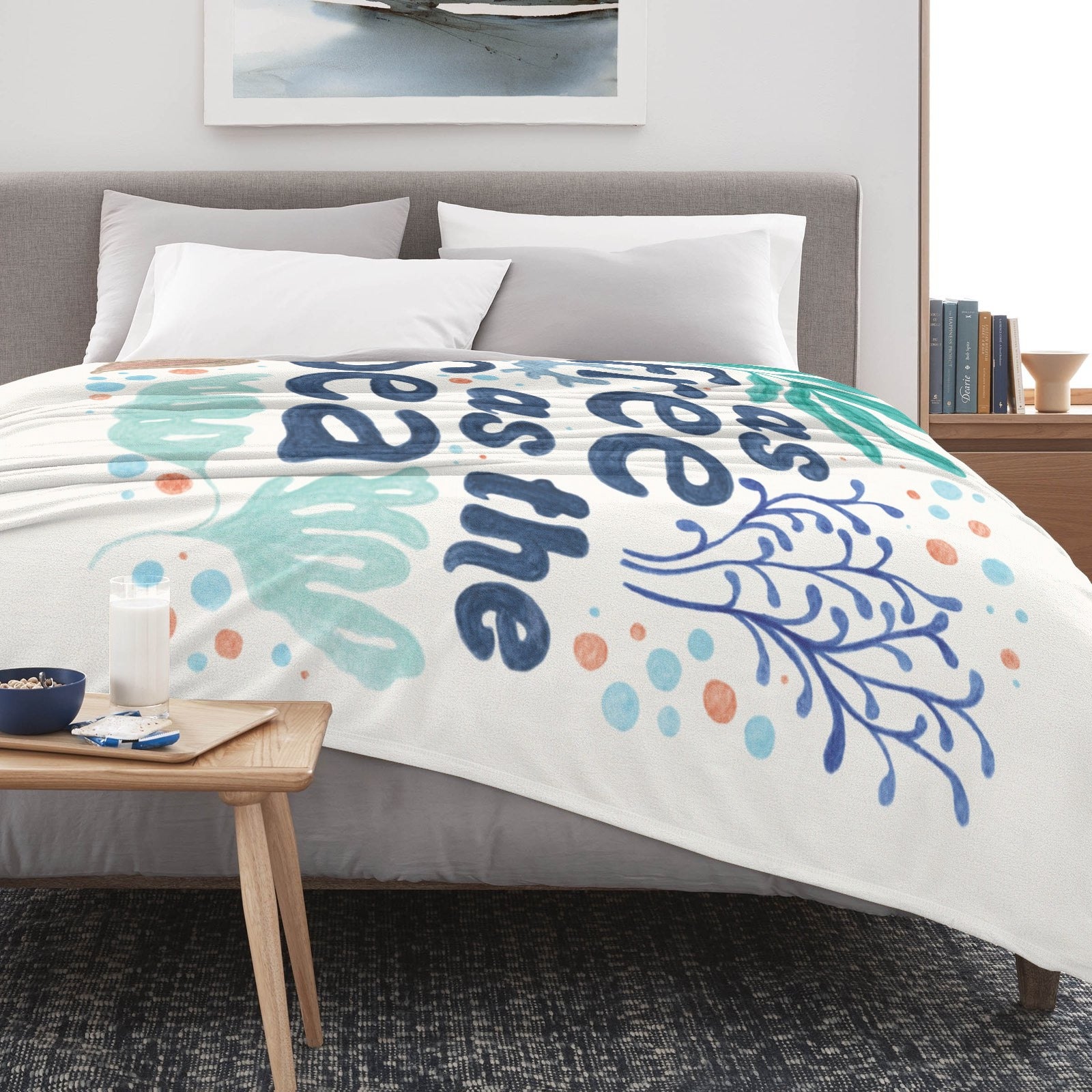 Coastal Currents V Flannel Blanket with 'as free as the sea' design, soft and cozy blanket for bed or sofa