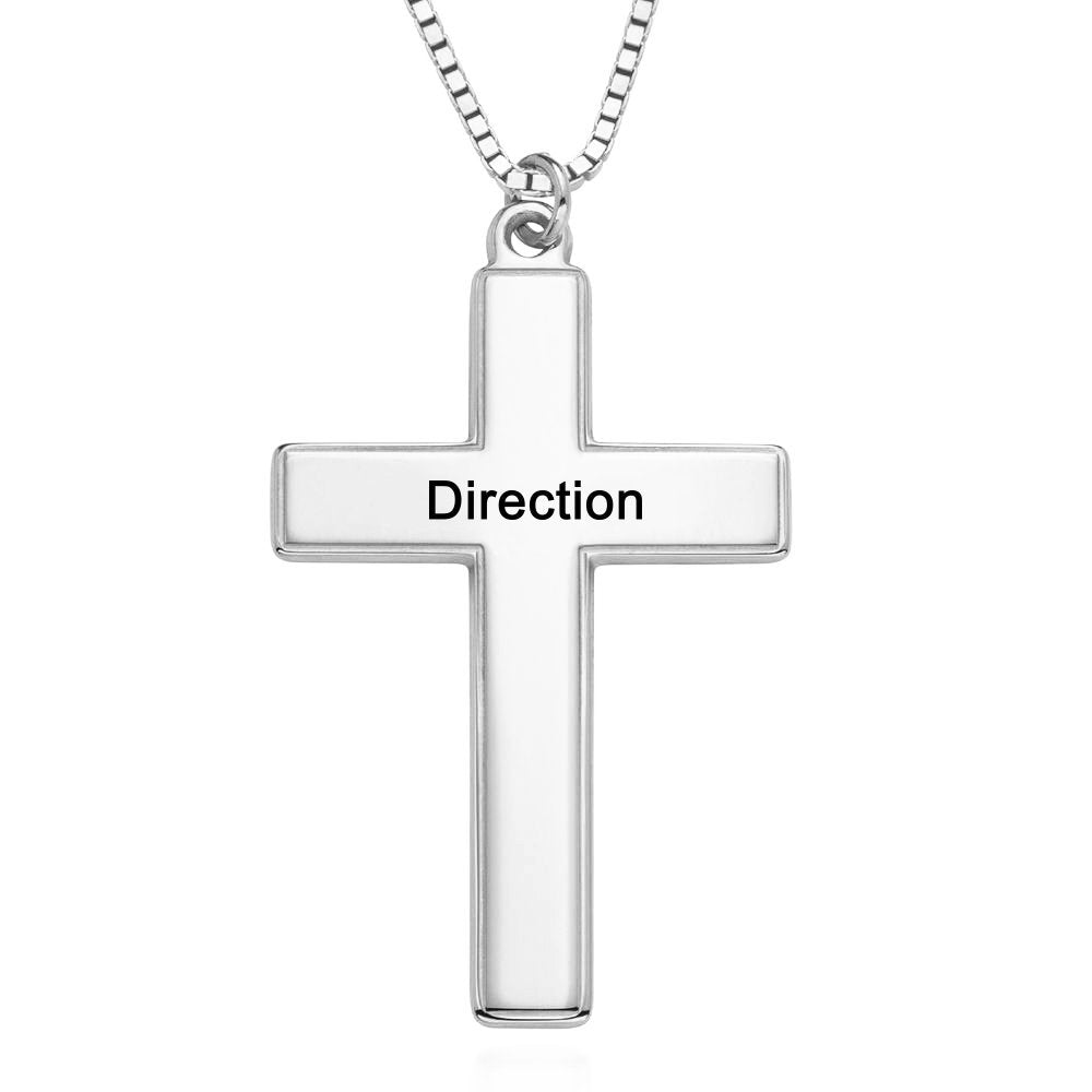 Silver cross pendant necklace engraved with "Direction", a Christian gift for men and women