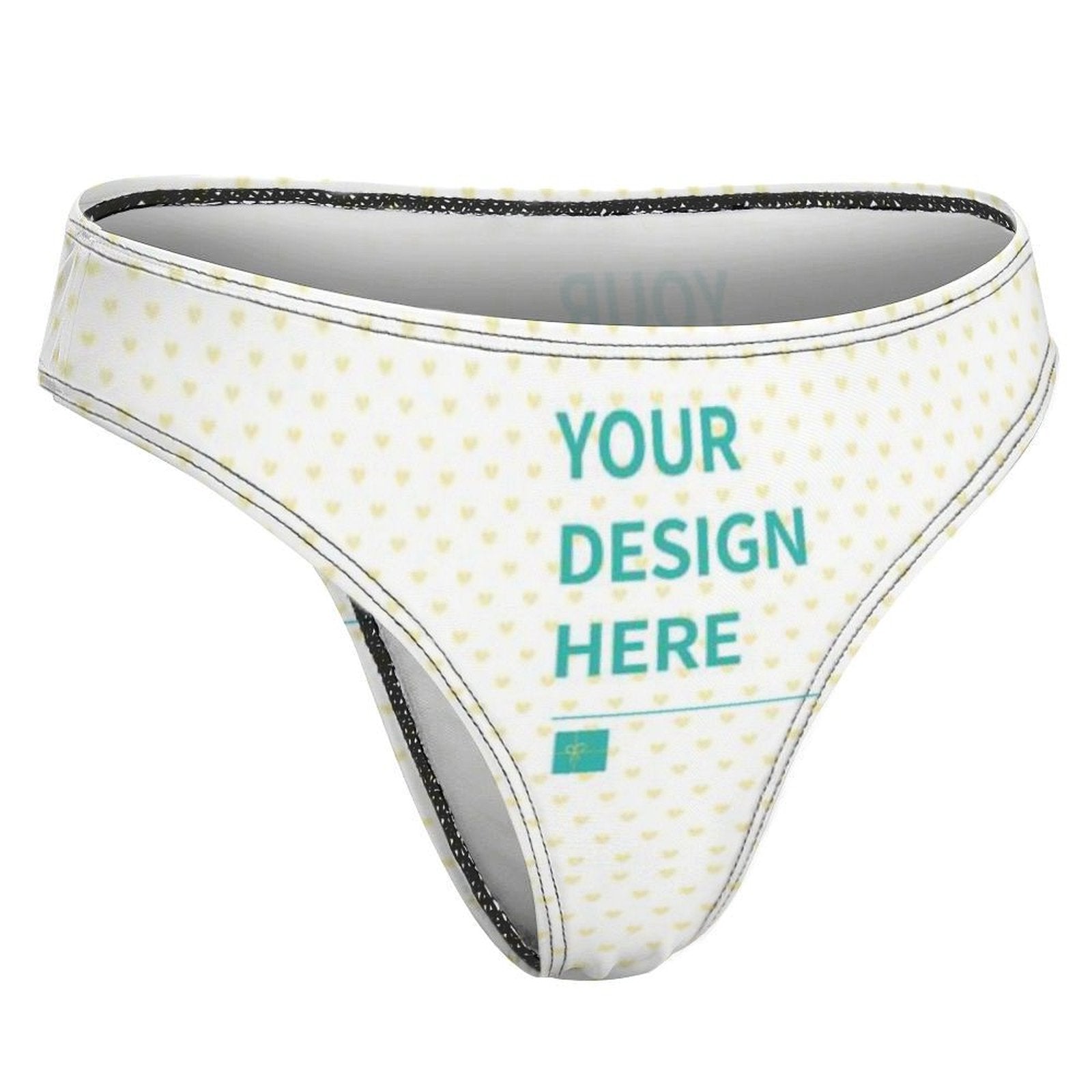 Custom thong panty with personalized design, white with yellow hearts, featuring 'YOUR DESIGN HERE' by MyArtsyGift
