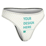 Custom thong panty with personalized design, white with yellow hearts, featuring 'YOUR DESIGN HERE' by MyArtsyGift