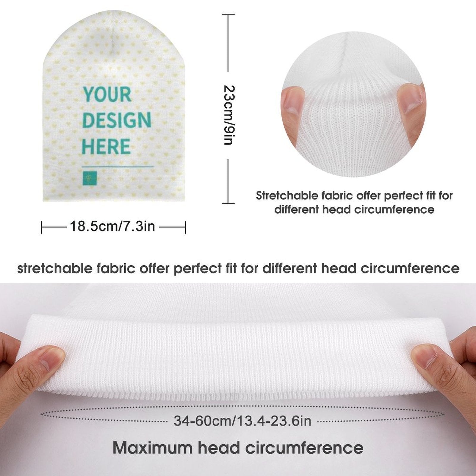 Customizable baby beanie hat with YOUR DESIGN HERE, stretchable and warm polyester knit, for kids and adults.