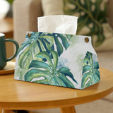 PU tissue box cover with Monstera leaf print, facial tissue holder for home or office.