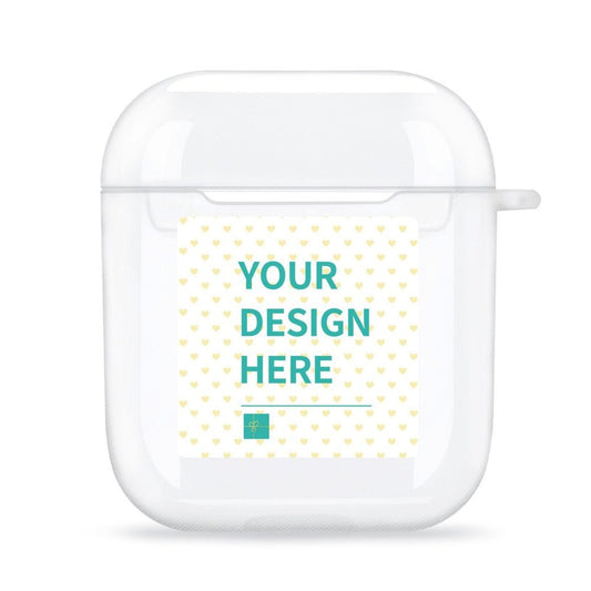 Customizable clear AirPods case with "Your Design Here" text, for personalized expression and protection.