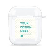 Customizable clear AirPods case with "Your Design Here" text, for personalized expression and protection.