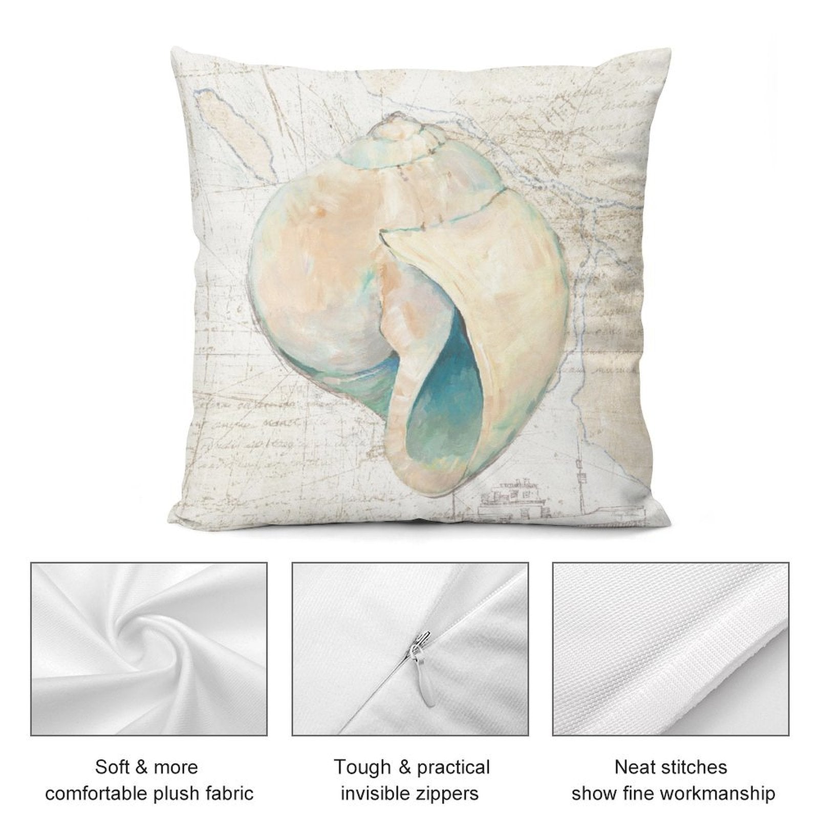 Square plush pillow cover with seashell design, soft, skin-friendly plush fabric, and invisible zipper, home decor.