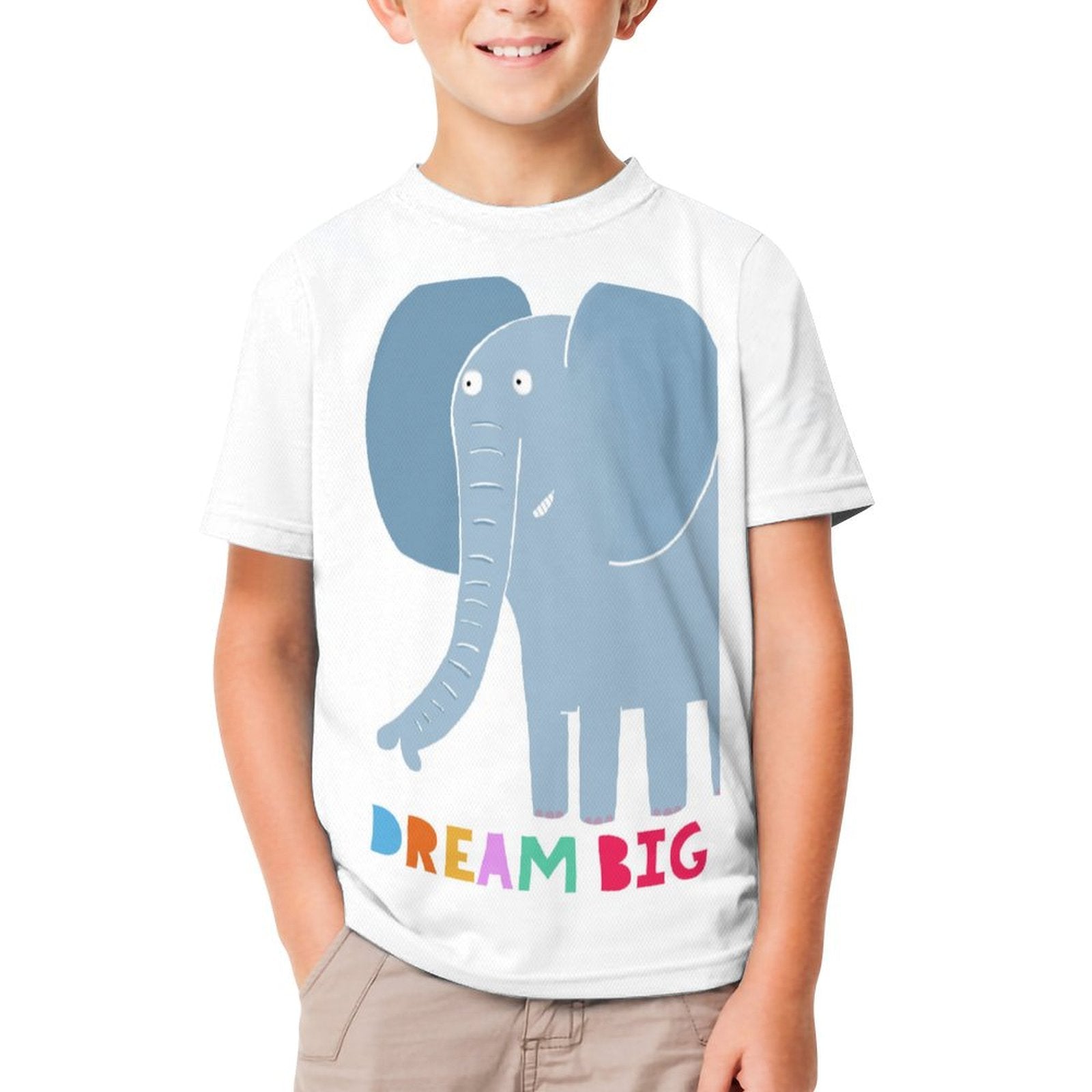 Kids white mesh t-shirt with blue elephant 'Dream Big' graphic. Summer casual wear.
