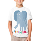 Kids white mesh t-shirt with blue elephant 'Dream Big' graphic. Summer casual wear.