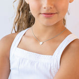 Silver heart necklace personalized with name "Jasmine" on girl, custom couples jewelry gift idea