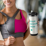 Customizable coffee travel mug held by a woman. Features 'YOUR DESIGN HERE', stainless steel, leak-proof, for gifts.