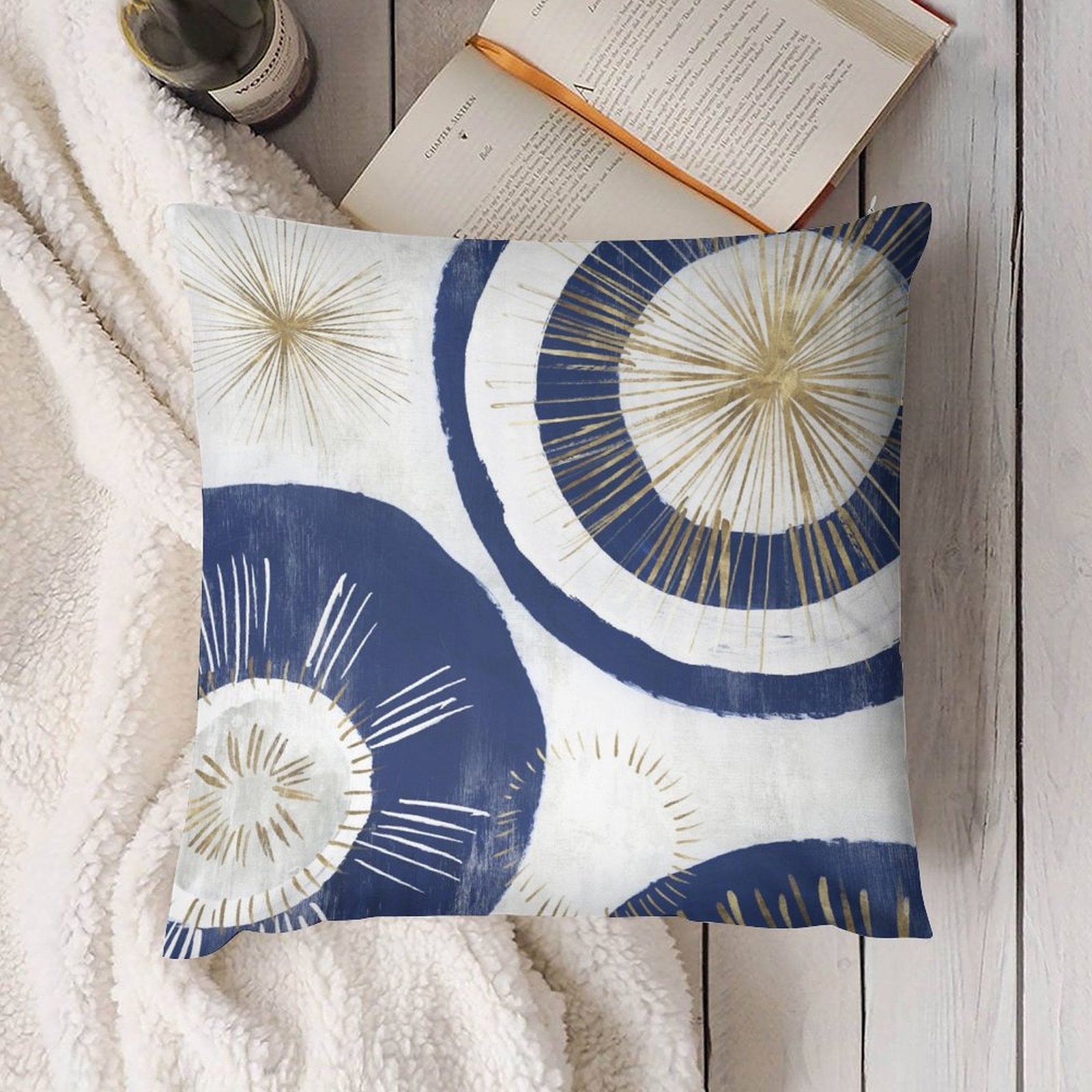 Navy blue and gold abstract design plush throw pillow cover for sofa or couch, home decor item