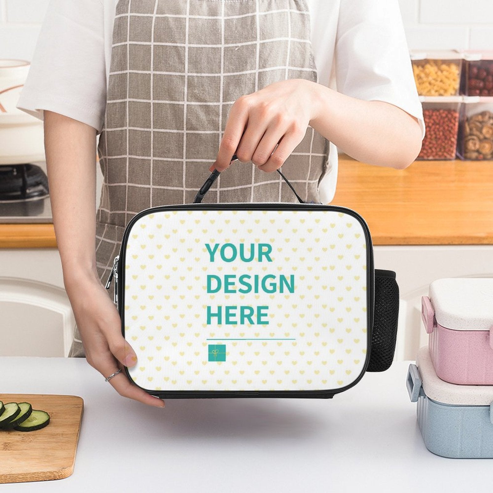 Customizable lunch bag with "Your Design Here" text, perfect for office, work, or picnic. Made of durable polyester.