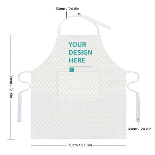 Customizable kitchen apron with pocket, white polyester, with "YOUR DESIGN HERE" text for BBQ and cooking.