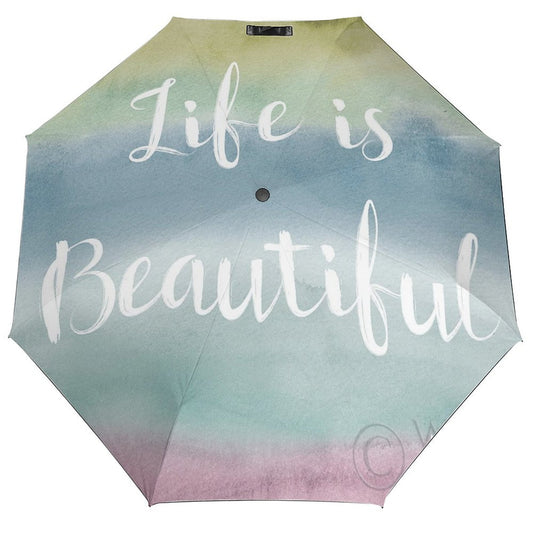 Life is Beautiful umbrella. Windproof, auto open close, sun and rain protection. Unique gifts for family and friends.
