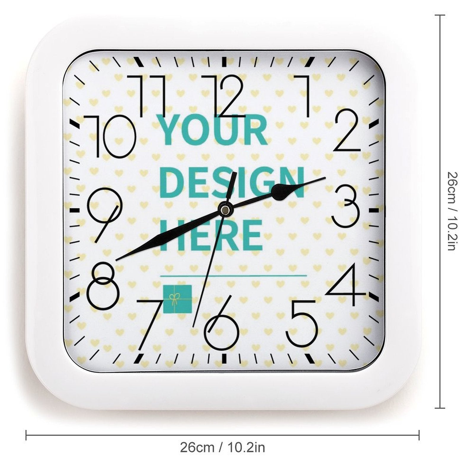 Customizable square wall clock, white frame, silent. Features 'YOUR DESIGN HERE'. Great for home decor, 26cm size.