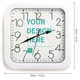 Customizable square wall clock, white frame, silent. Features 'YOUR DESIGN HERE'. Great for home decor, 26cm size.