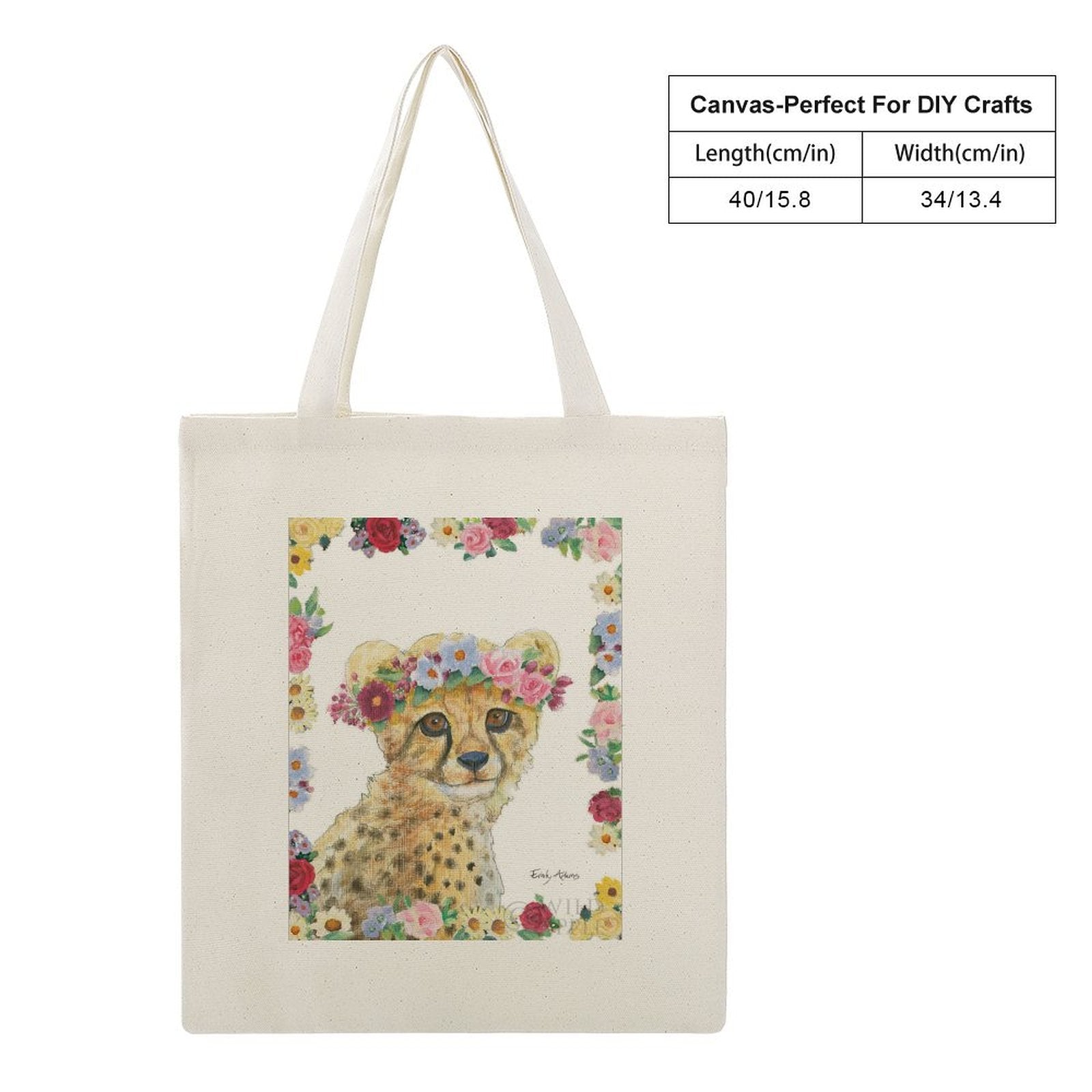 Cheetah cub with flower crown on canvas tote bag, perfect for DIY projects
