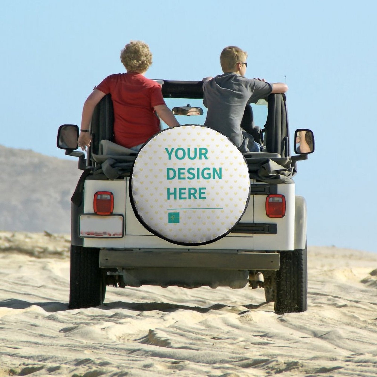 Custom tire cover on Jeep with "YOUR DESIGN HERE" design, Oxford cloth, personalized wheel tire covers
