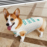Personalized dog vest with 'YOUR DESIGN HERE' on white cotton-like fabric, pet clothing from MyArtsyGift.