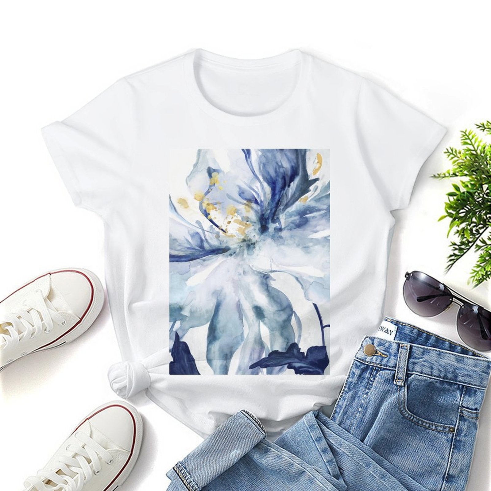 Women's white crewneck t-shirt with blue and gold floral print, MyArtsyGift