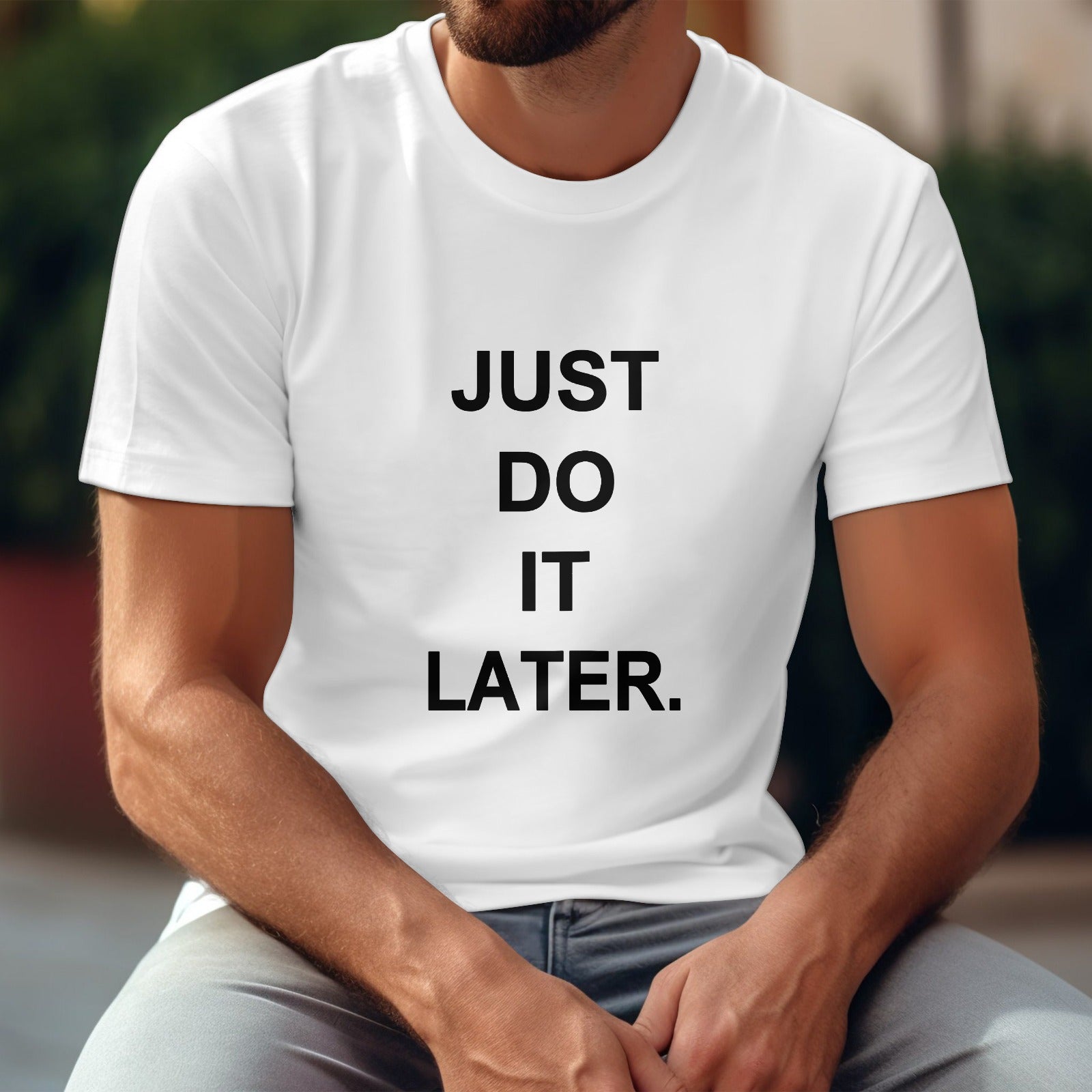 White cotton JUST DO IT LATER Gildan unisex t-shirt, comfortable fit for fitness and leisure.