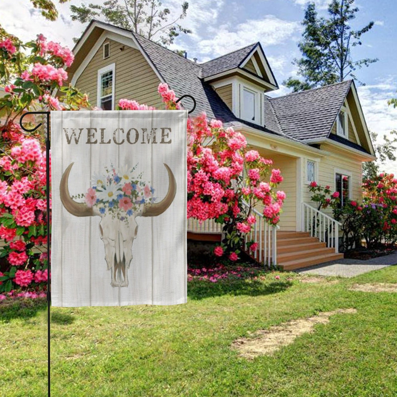 Bohemian Welcome garden flag with bull skull and floral design for yard decor