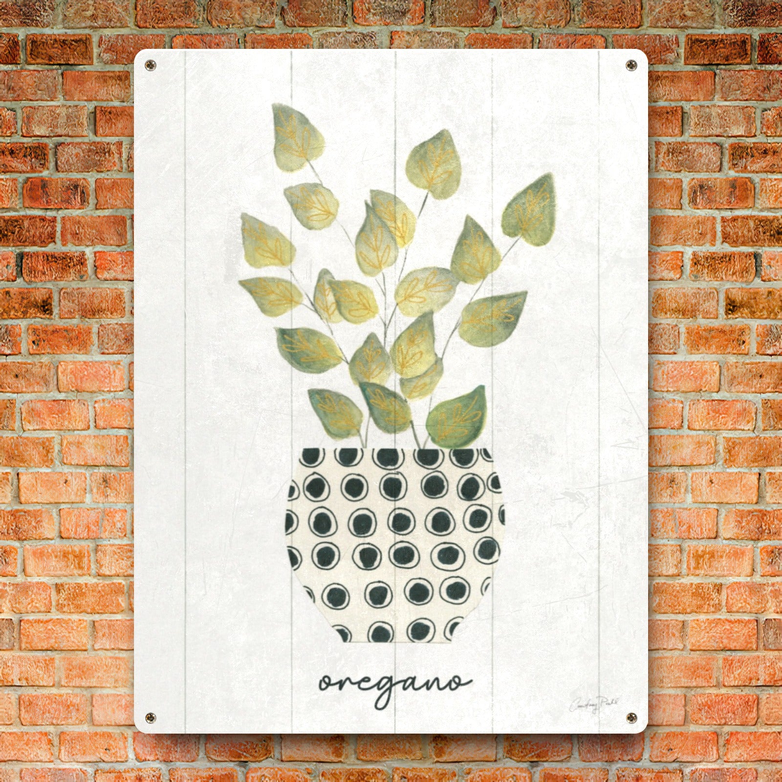 Oregano metal sign, green plant decor with vintage style, metal wall art for kitchen or garden.