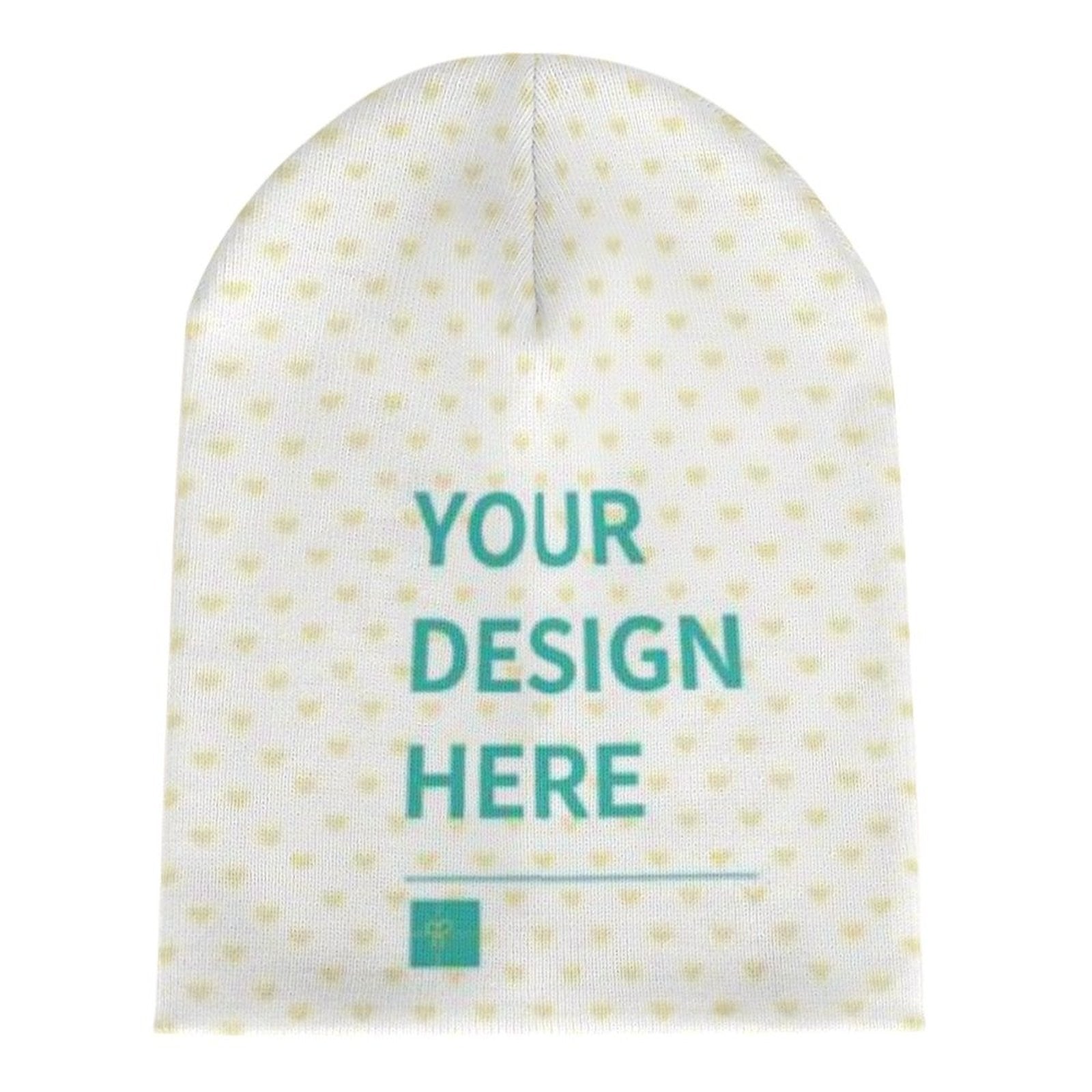 Customizable white beanie with heart pattern, reading 'YOUR DESIGN HERE', perfect for personalized gifts for men and women