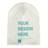 Customizable white beanie with heart pattern, reading 'YOUR DESIGN HERE', perfect for personalized gifts for men and women