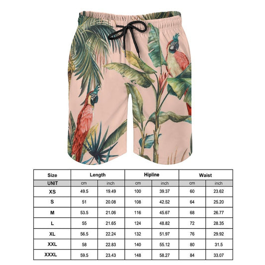 Men's swim trunks with parrot design, elastic waistband, drawstring, and size chart for MyArtsyGift.