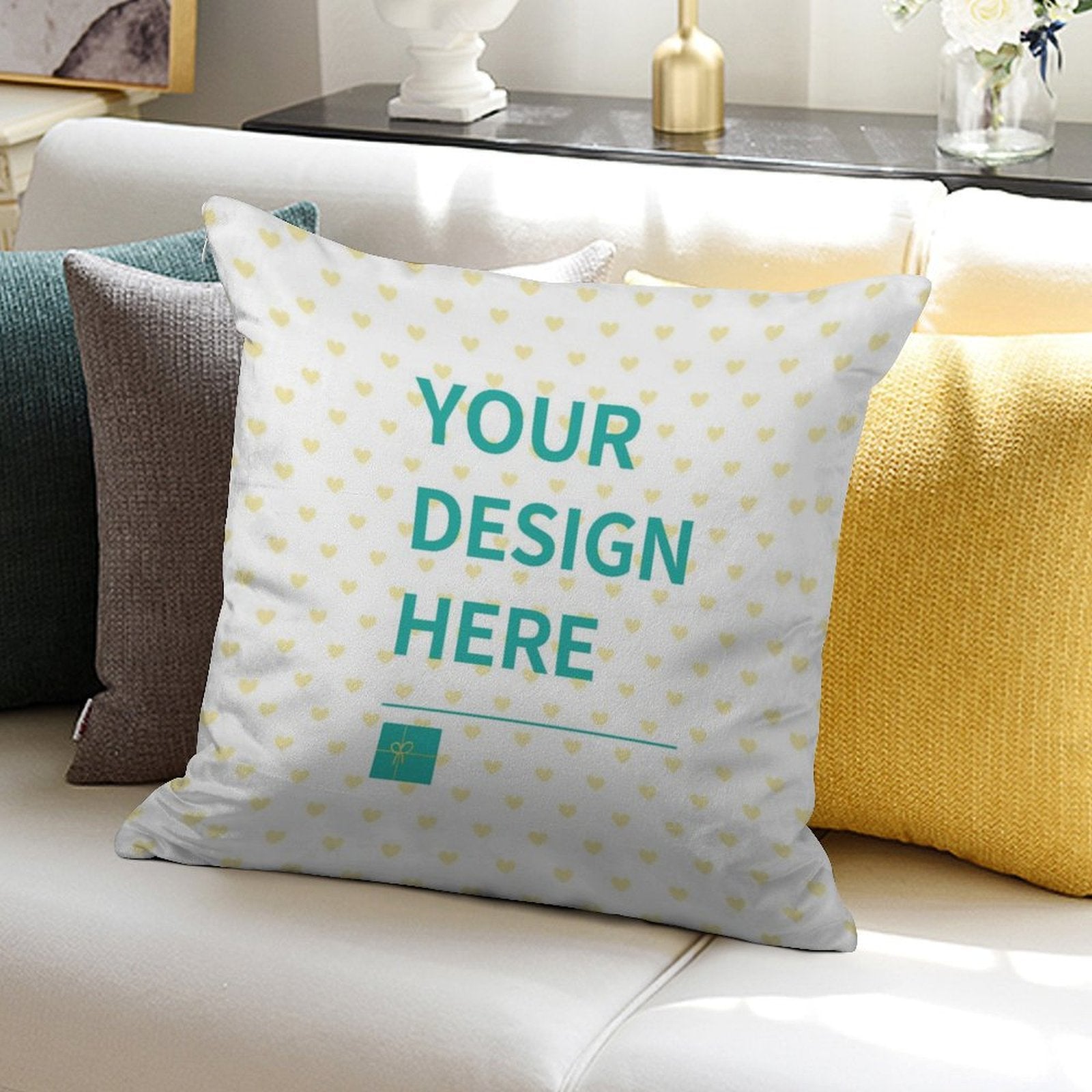 Customizable golden velvet pillow with 'Your Design Here', ideal living room decor.