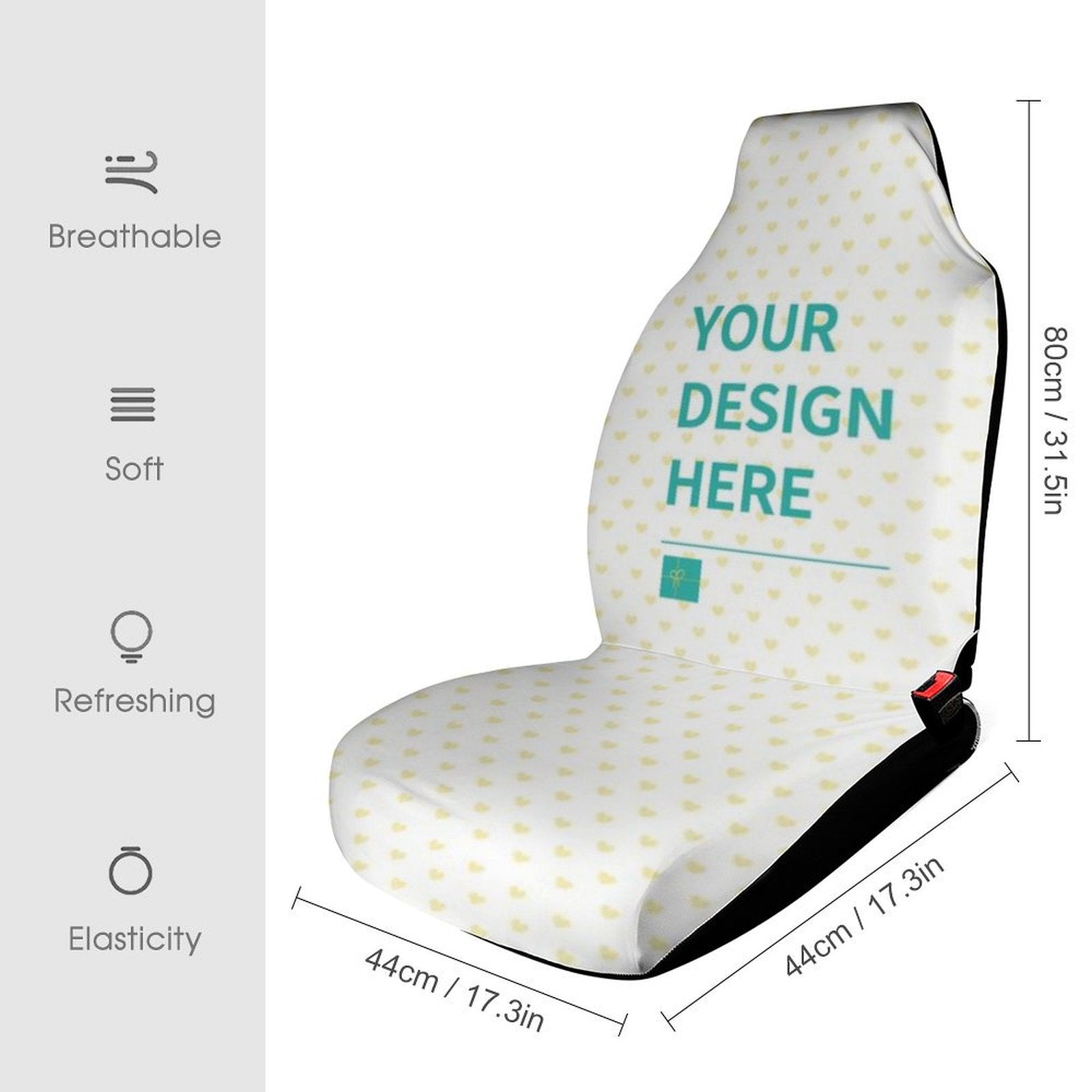 Customizable car seat cover with yellow heart pattern, personalized with "YOUR DESIGN HERE" text, breathable and soft.