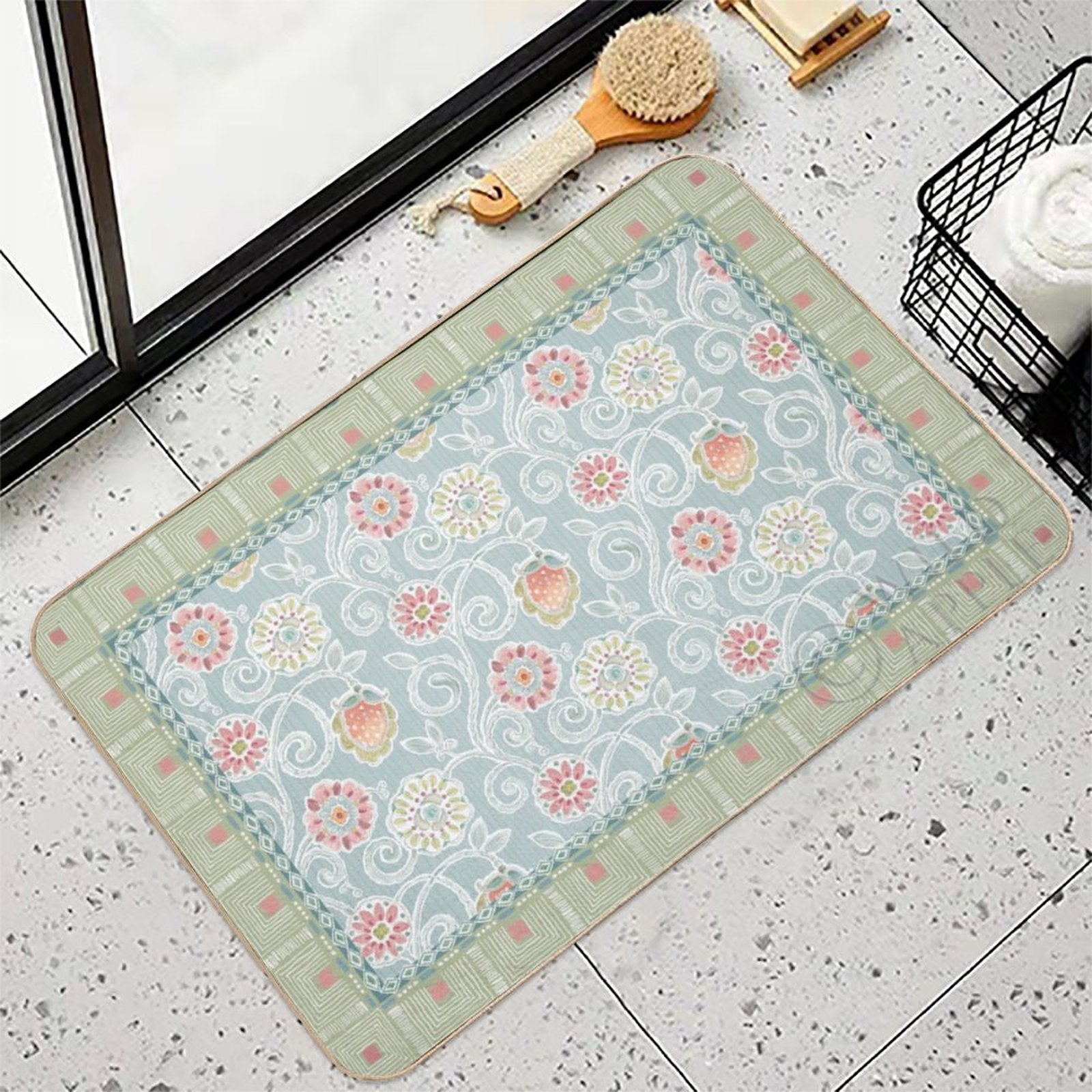 Personalized Flannel floor mat with floral design, washable rug, light blue with pink flowers, bathroom decor, made in USA
