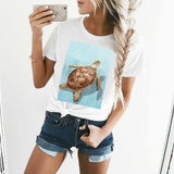 White women's t-shirt with sea turtle graphic, summer fashion, crewneck tee