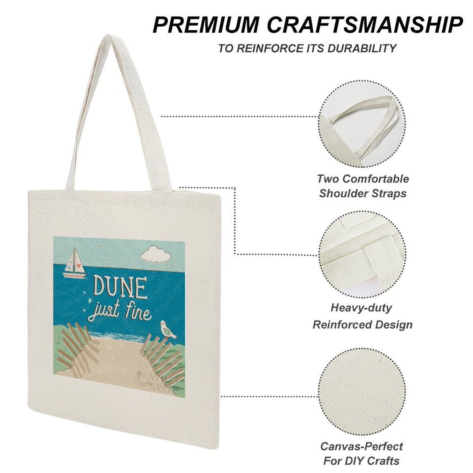 Canvas tote bag with beach graphic and "DUNE just fine" text, shopping bag for DIY crafts.