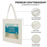 Canvas tote bag with beach graphic and "DUNE just fine" text, shopping bag for DIY crafts.