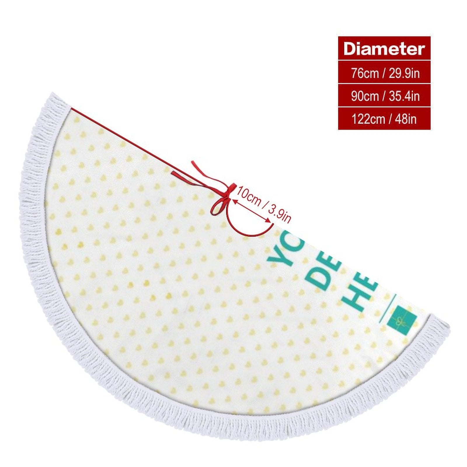 Personalized Christmas tree skirt with heart pattern, red ties, and white fringe
