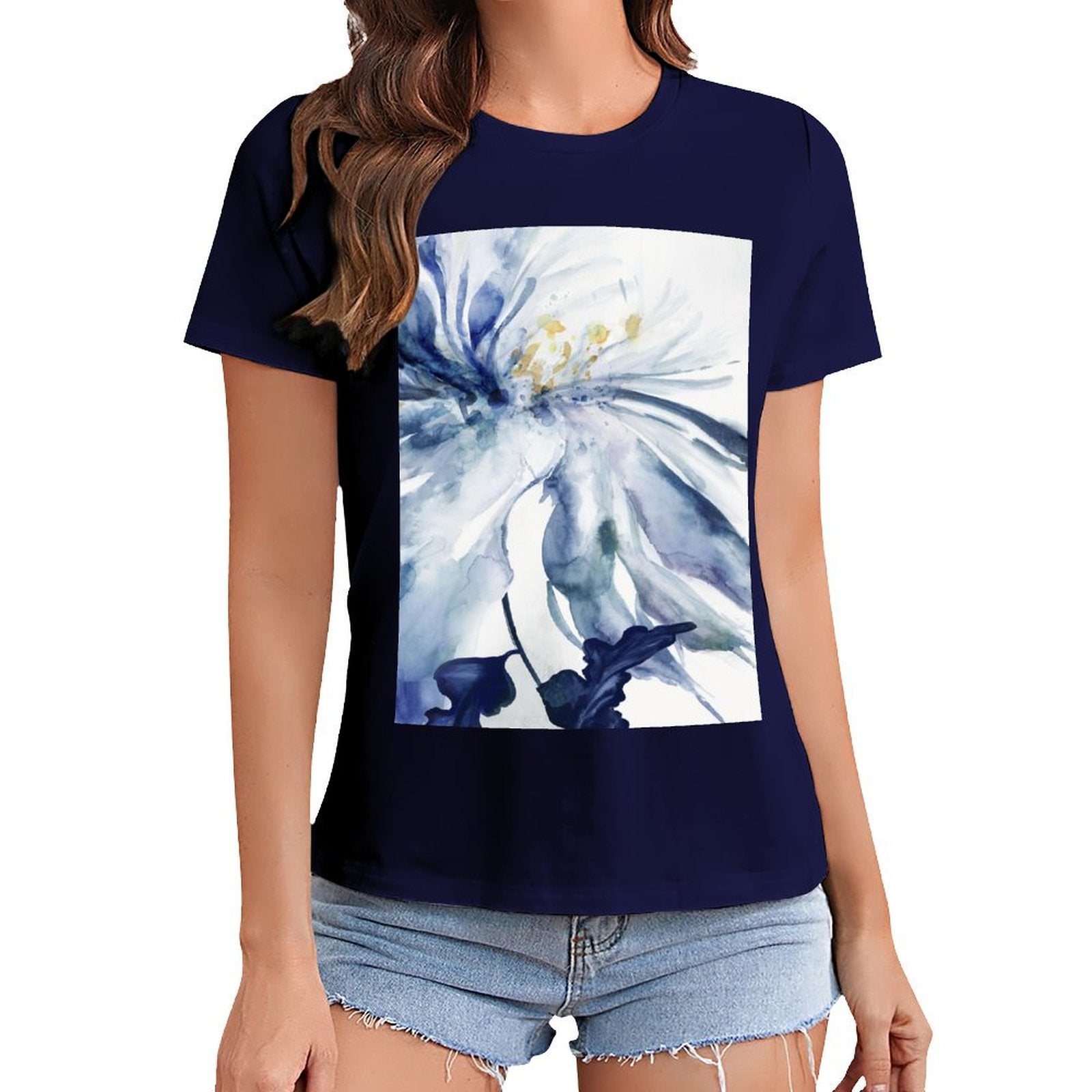 Women's navy blue t-shirt with watercolor blue floral print design from MyArtsyGift.