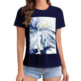Women's navy blue t-shirt with watercolor blue floral print design from MyArtsyGift.